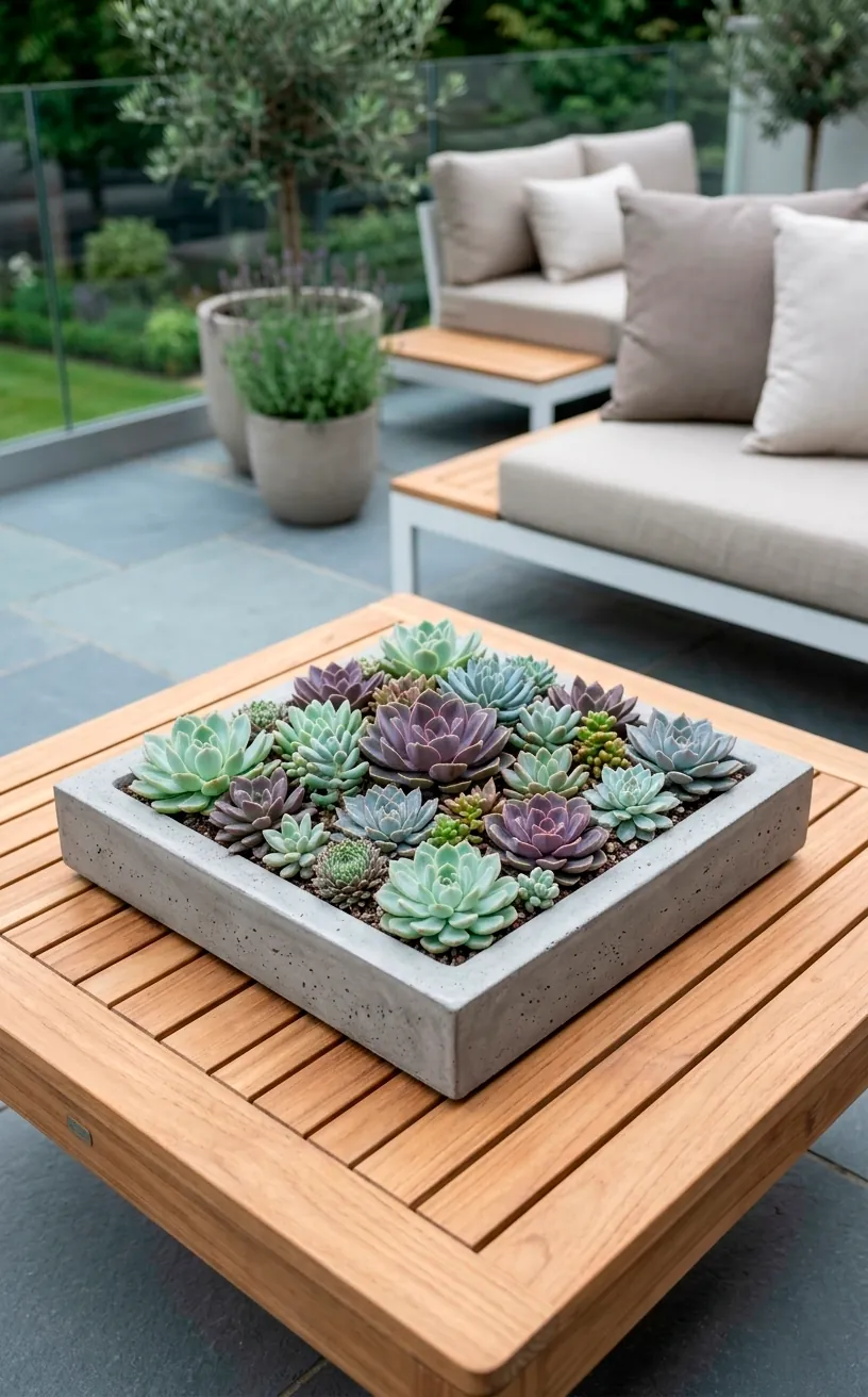 Assorted succulents in a concrete tray on a wooden patio table.