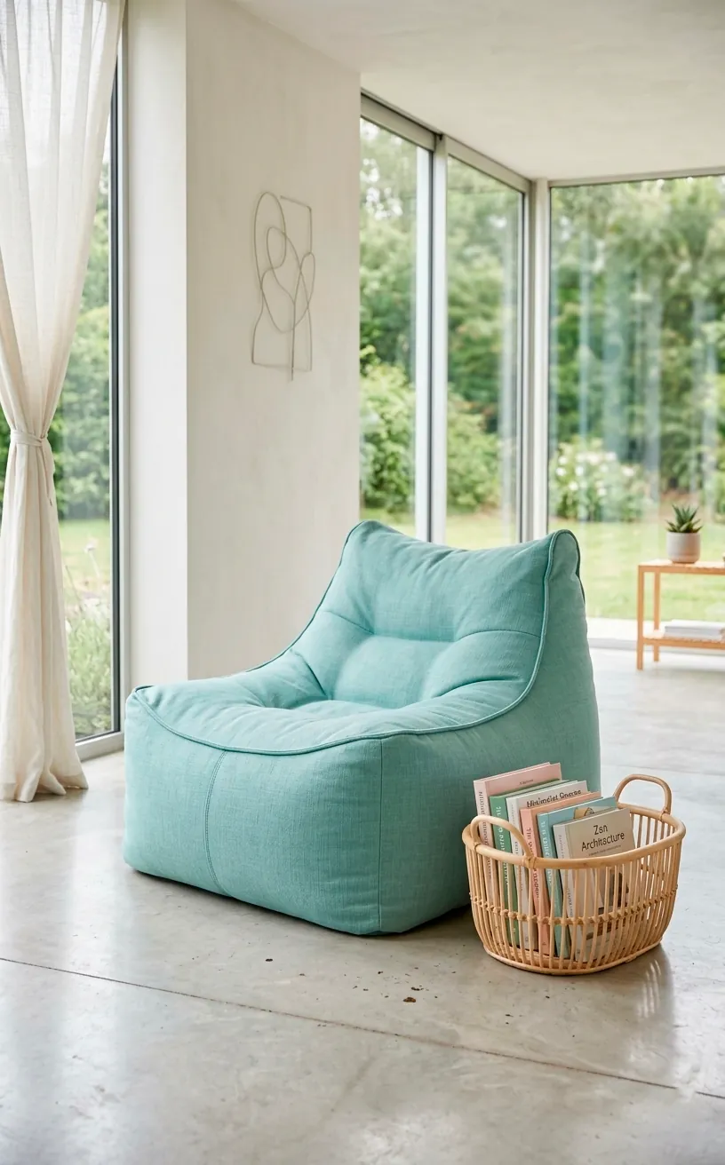 Large pastel teal bean bag chair in a minimalist sunroom with a rattan book basket.