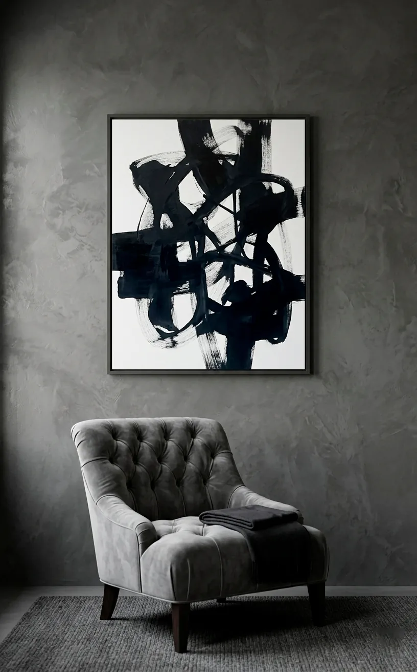 Dressing room wall with grey Venetian plaster finish and abstract art.