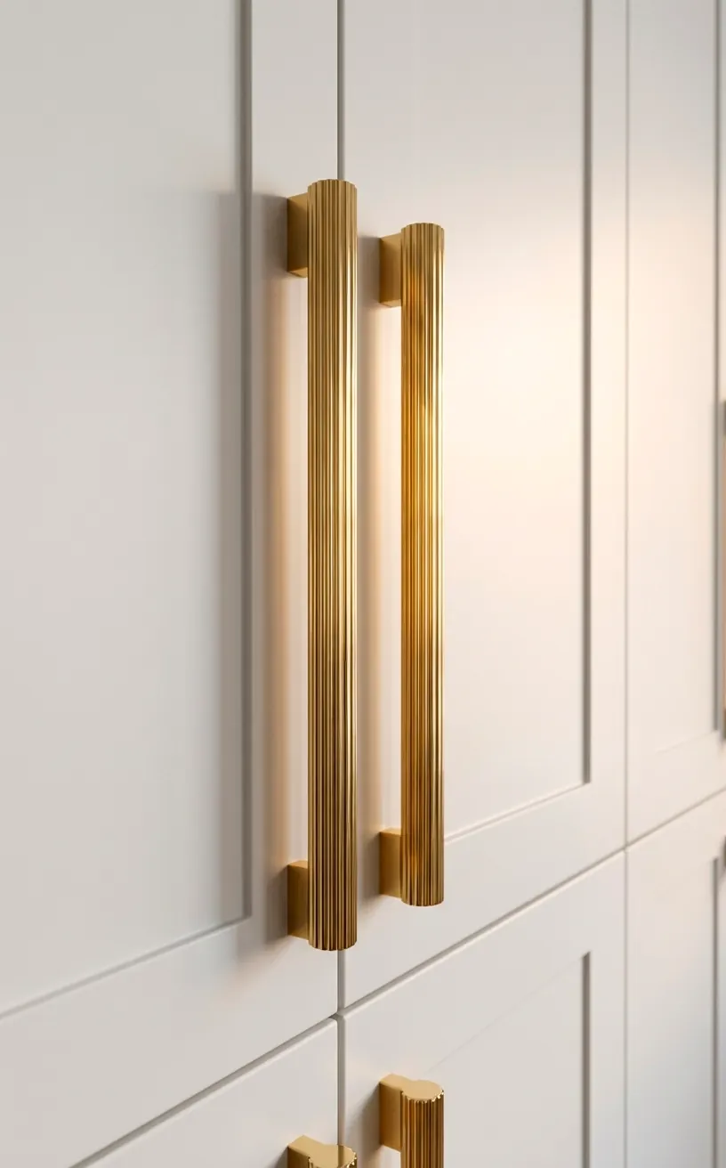 Polished brass handles with fluted texture on white dressing room cabinets.