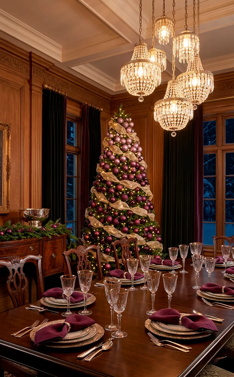 Elegant plum and champagne Christmas decor in a formal dining room setting.
