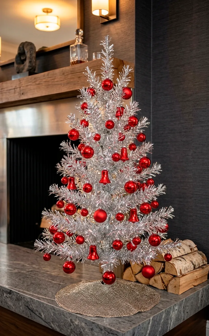 Small silver aluminum Christmas tree with red ornaments on a fireplace hearth.