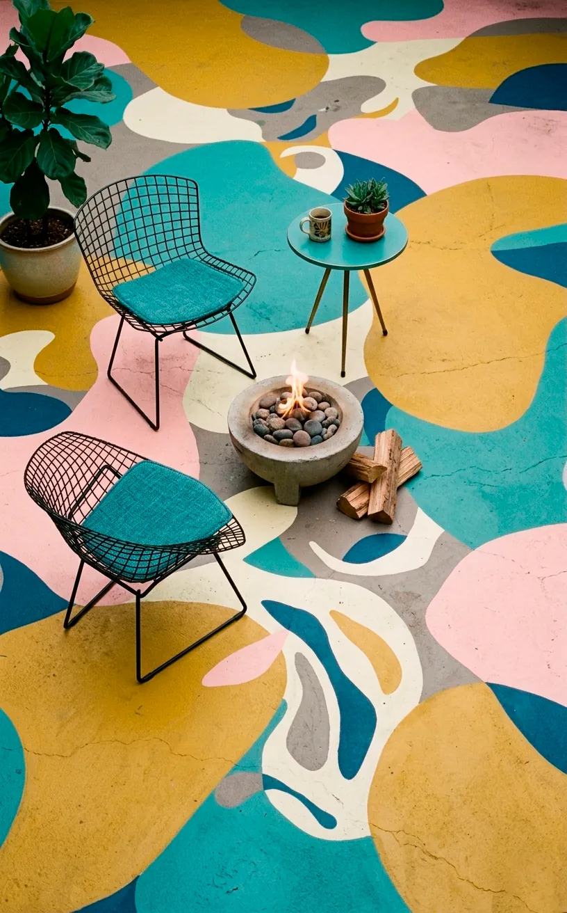 Mid-century modern patio floor with large painted abstract freeform shapes in bright colors.