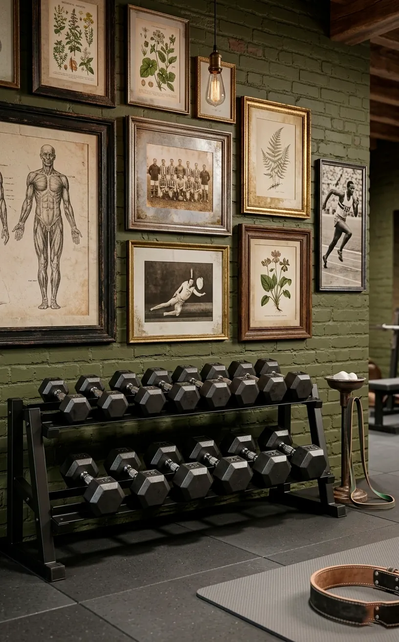 Gallery wall of vintage prints and photos above a modern dumbbell rack.