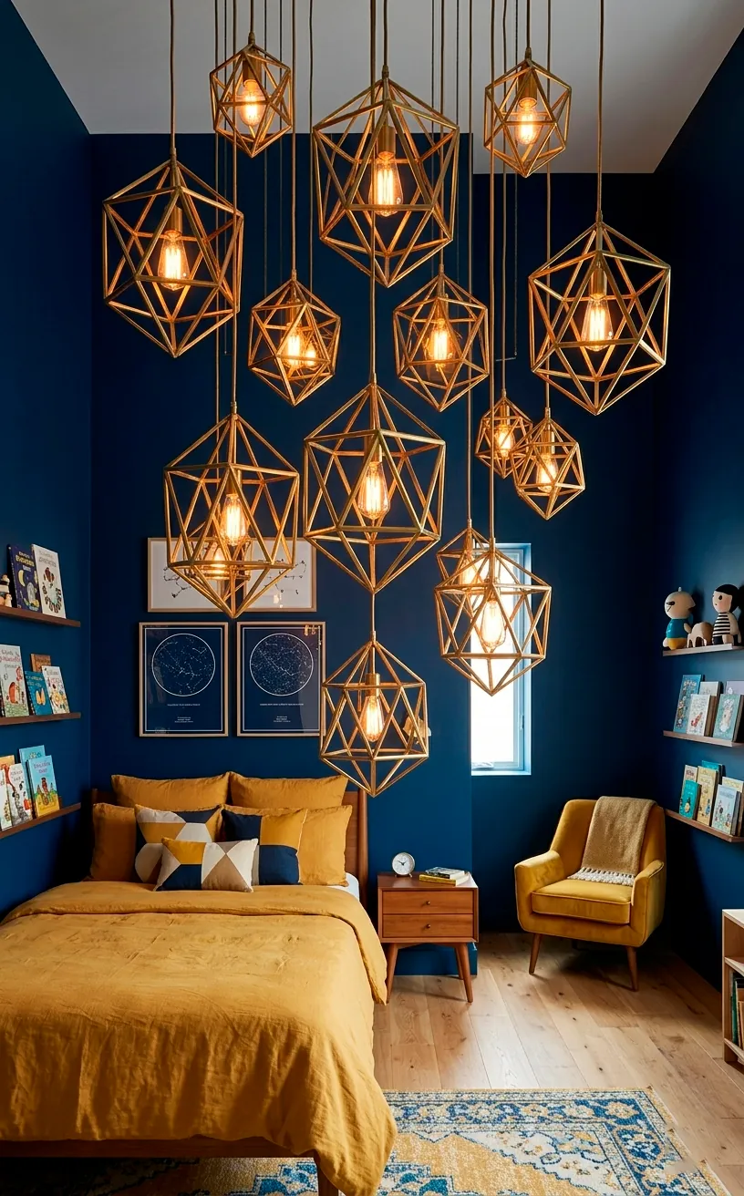 Brass geometric prism chandelier cluster in a navy and mustard luxury bedroom.