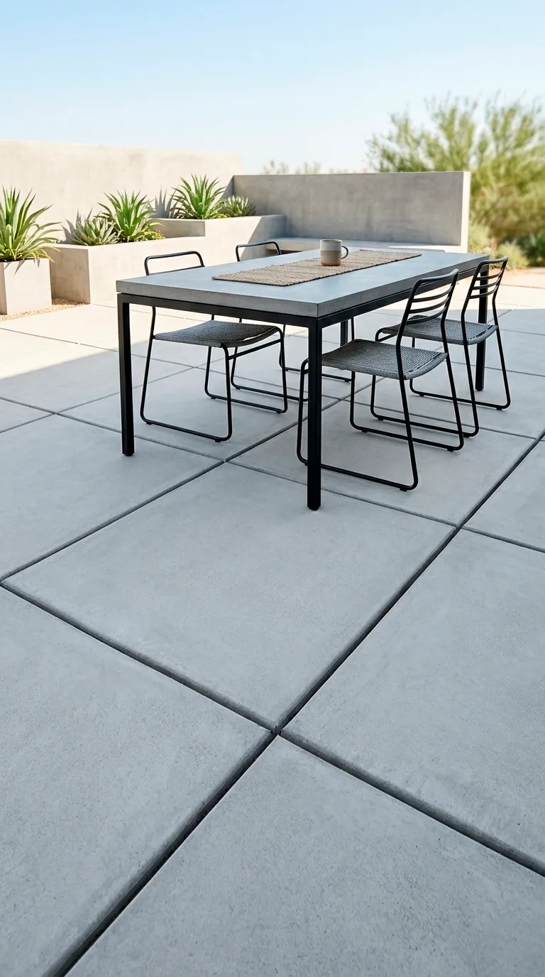 Concrete patio with large saw-cut grid patterns and modern dining set.
