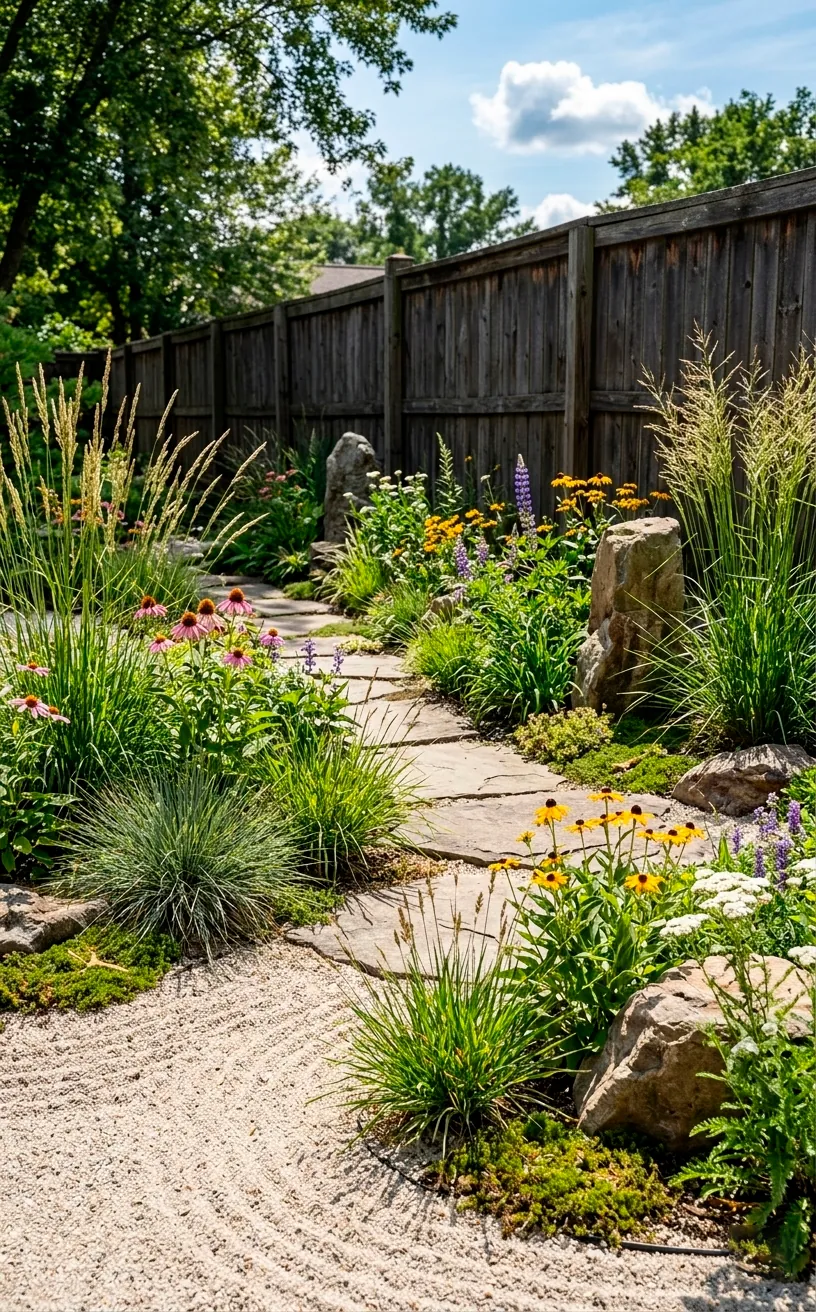 Natural Zen garden featuring native plants and ornamental grasses.