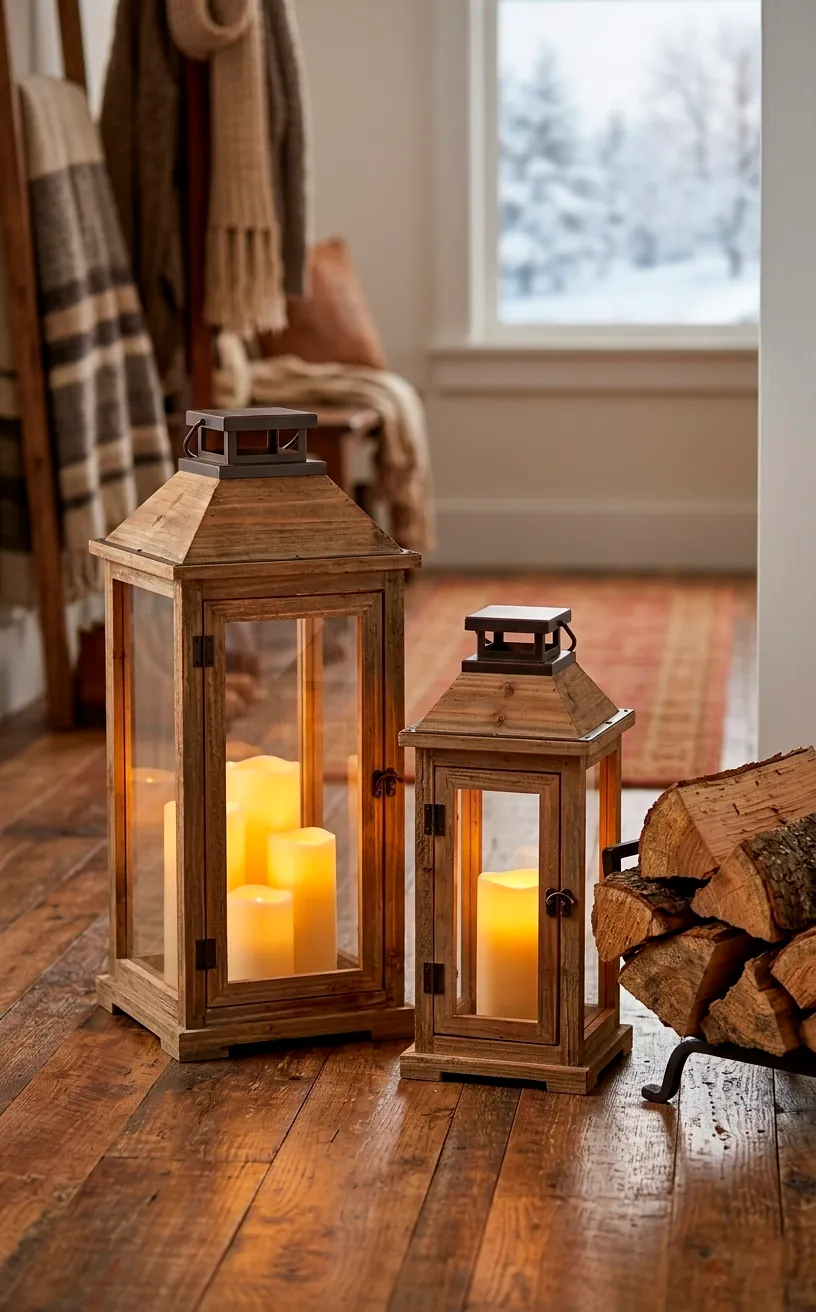 Handcrafted cedar wood lanterns with glowing candles in a winter foyer.