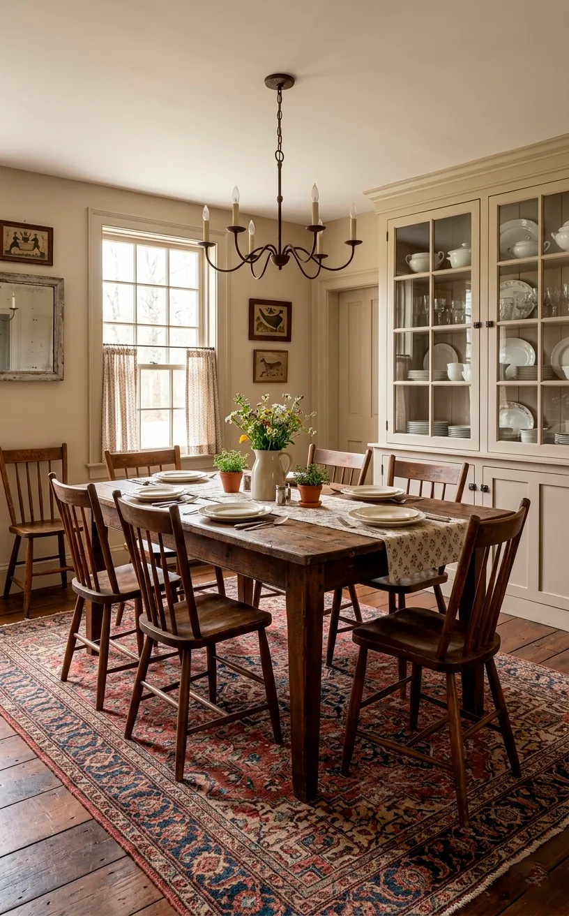A traditional dining room with warm Accessible Beige walls and antique furniture.