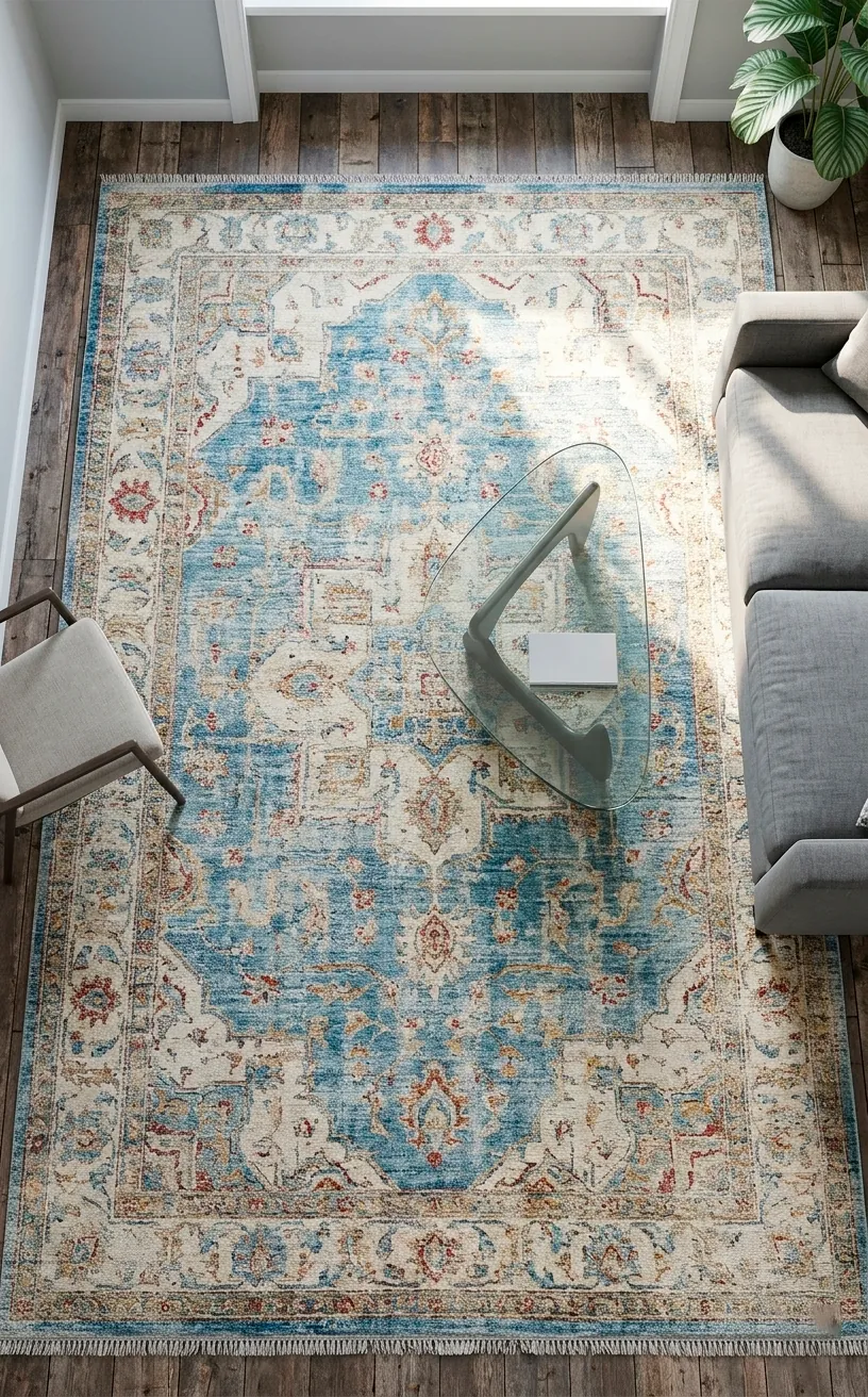 Distressed blue and cream Turkish rug in a modern living room.