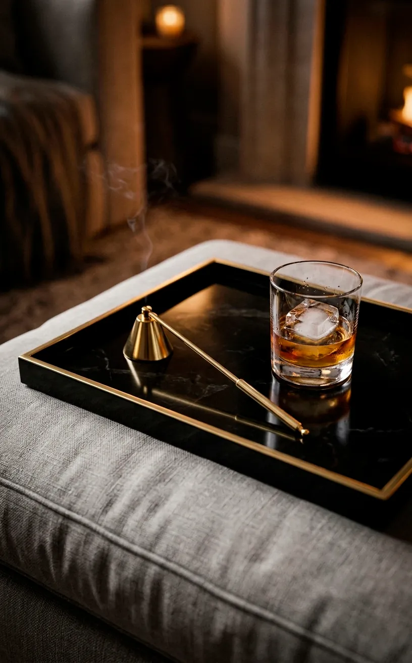 Black onyx tray with a gold rim on a grey ottoman featuring gold decor accessories.