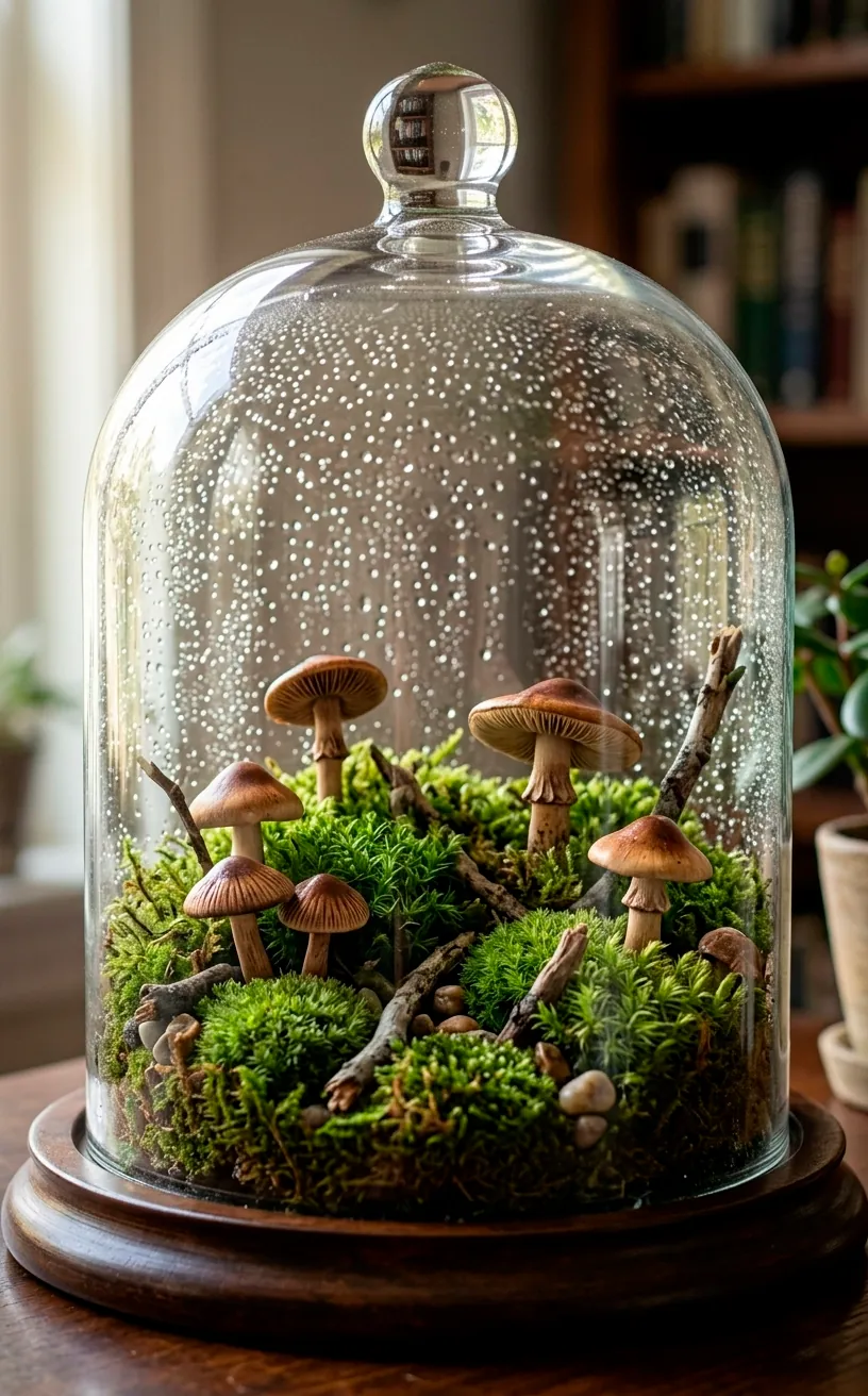 Glass cloche with moss and ceramic mushrooms on a dark wooden base.