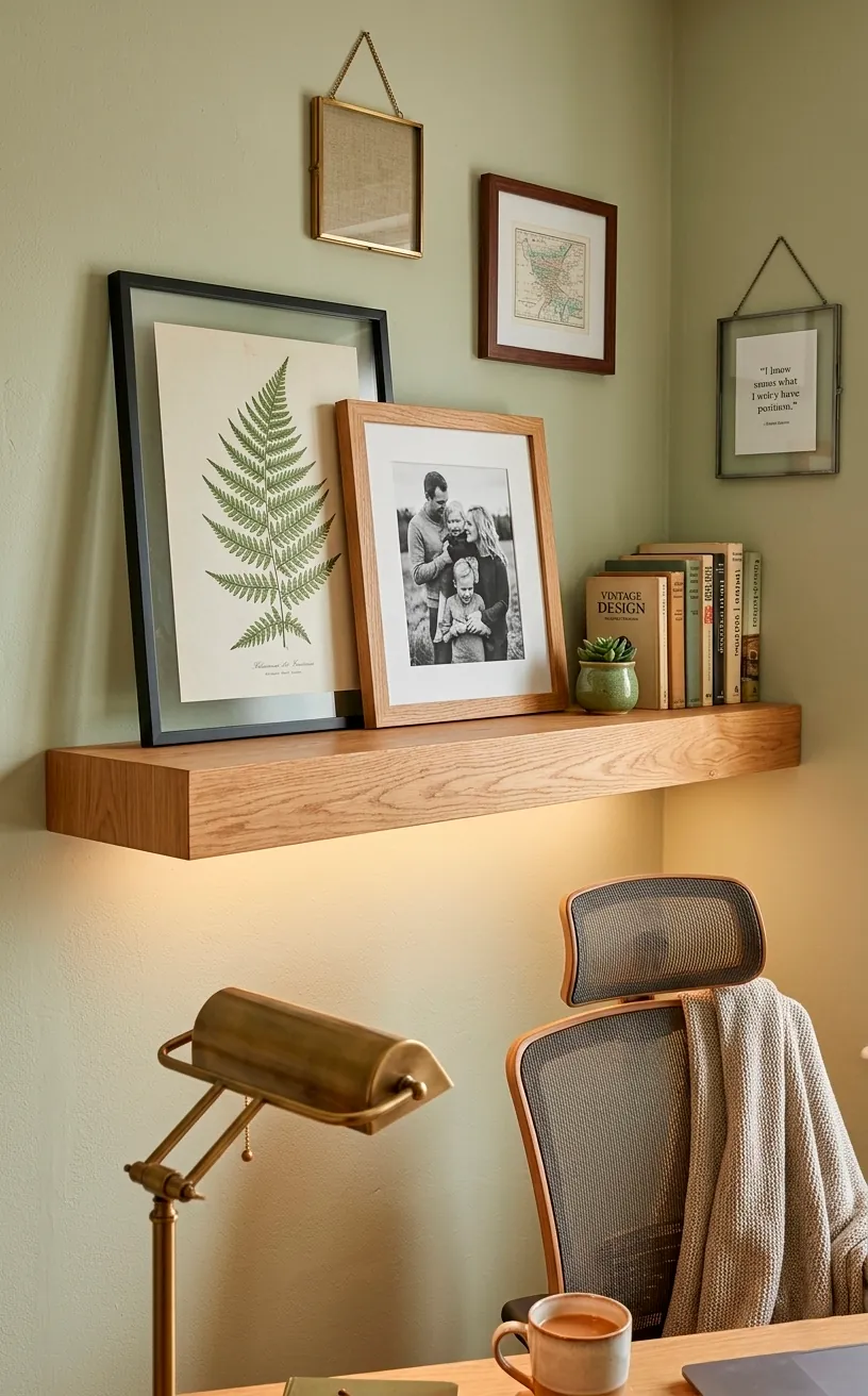 Hybrid gallery wall using a floating shelf and wall-hung frames for an asymmetrical look.