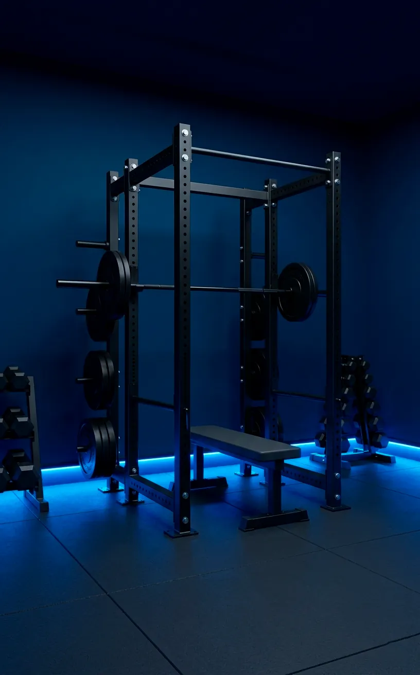 Midnight blue and charcoal home gym with futuristic LED lighting and black equipment.
