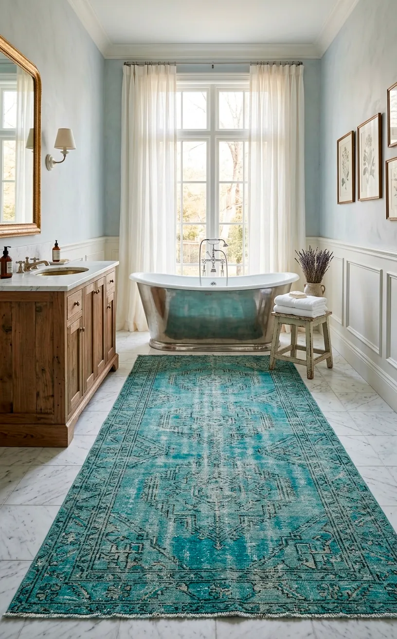 Distressed faded turquoise kilim rug in an elegant marble bathroom with silver clawfoot tub.