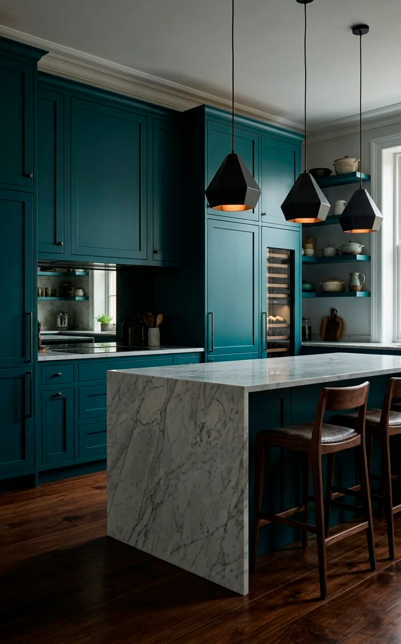 Deep teal kitchen cabinets with dark wood floors and marble island.