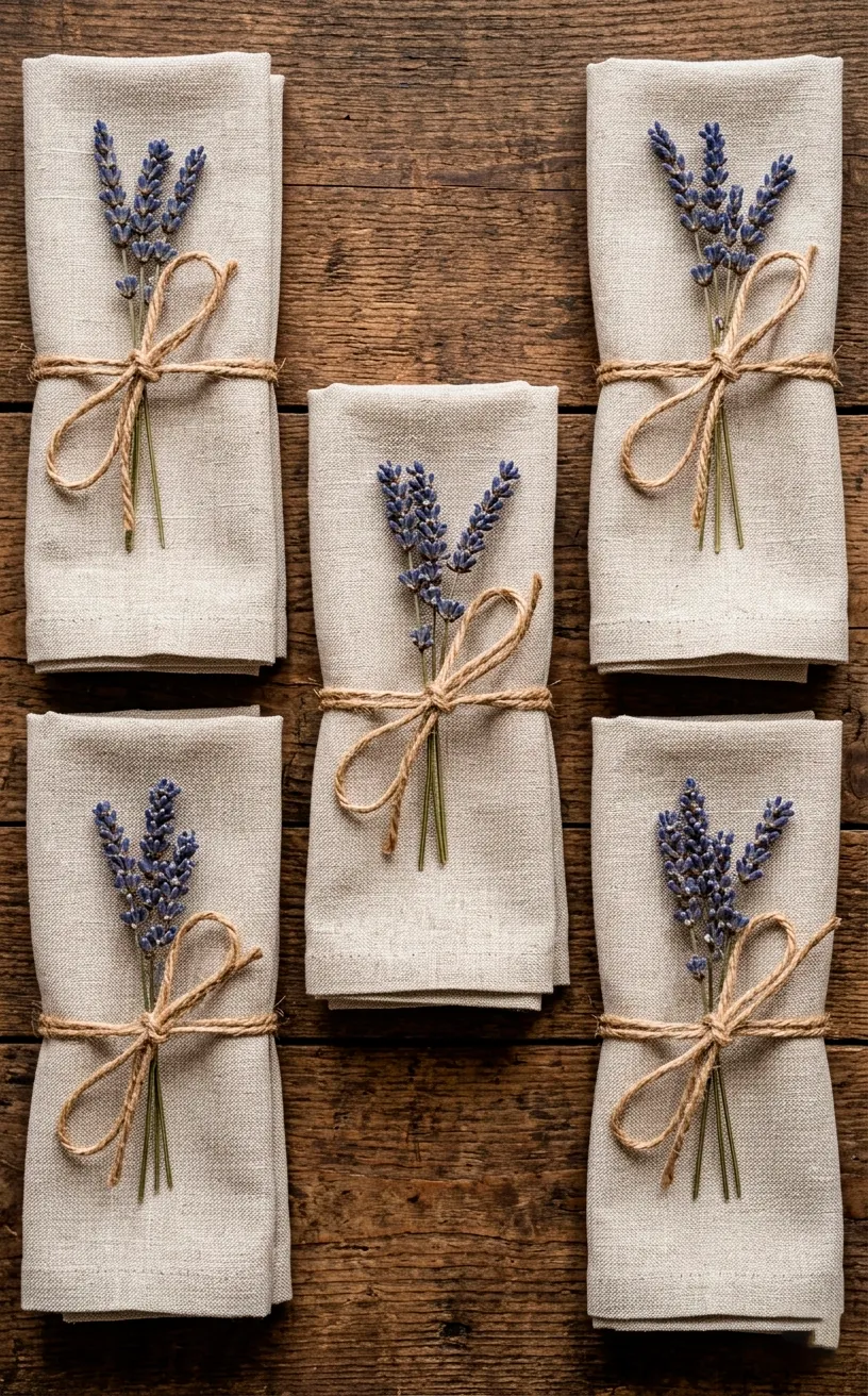 Linen napkins tied with rustic hemp twine and dried herbs on a wooden surface.