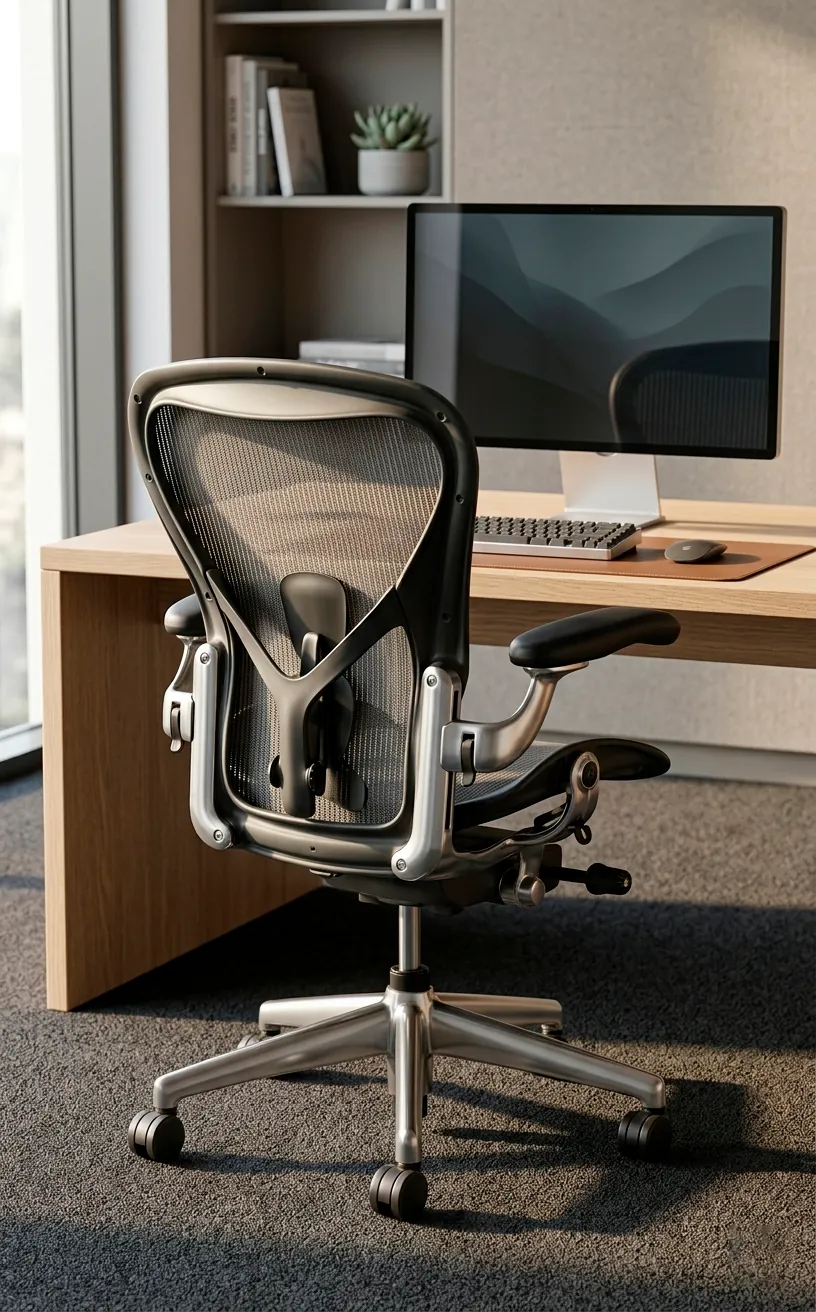 High-end ergonomic mesh office chair in a bright, modern home office.