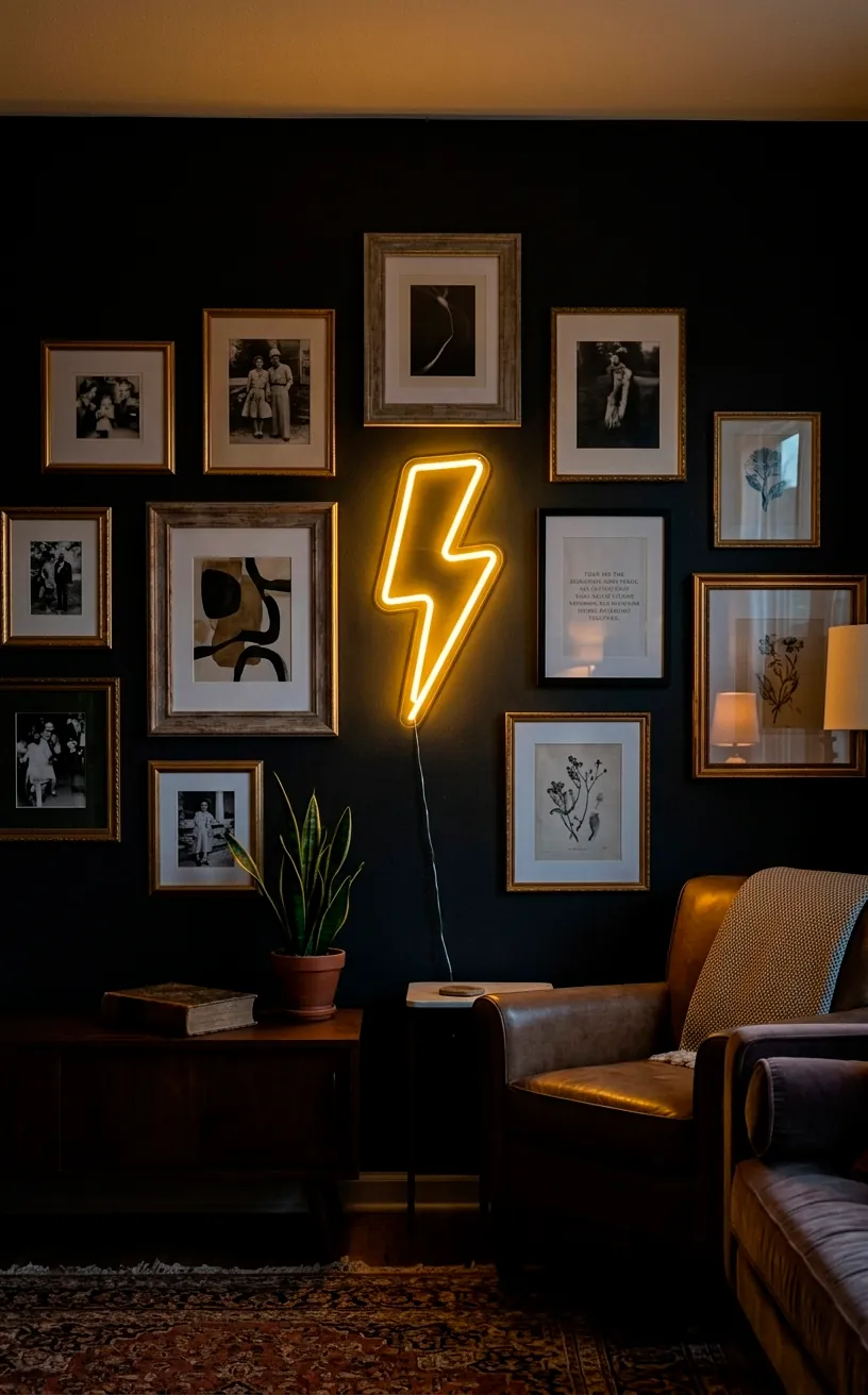 Glowing mustard yellow neon lightning bolt sign on a dark gallery wall.