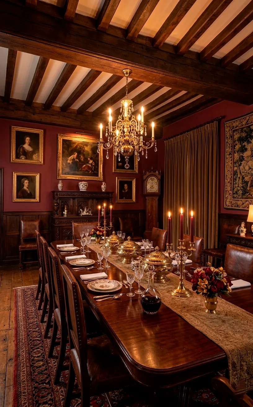 Traditional burgundy dining room with mahogany table and brass accents.