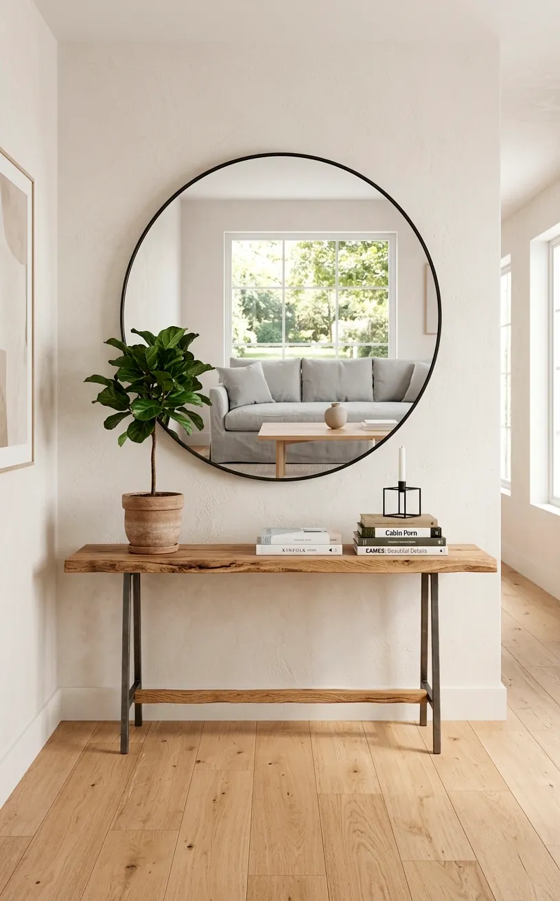 Large round black steel mirror hanging over an entryway console table.