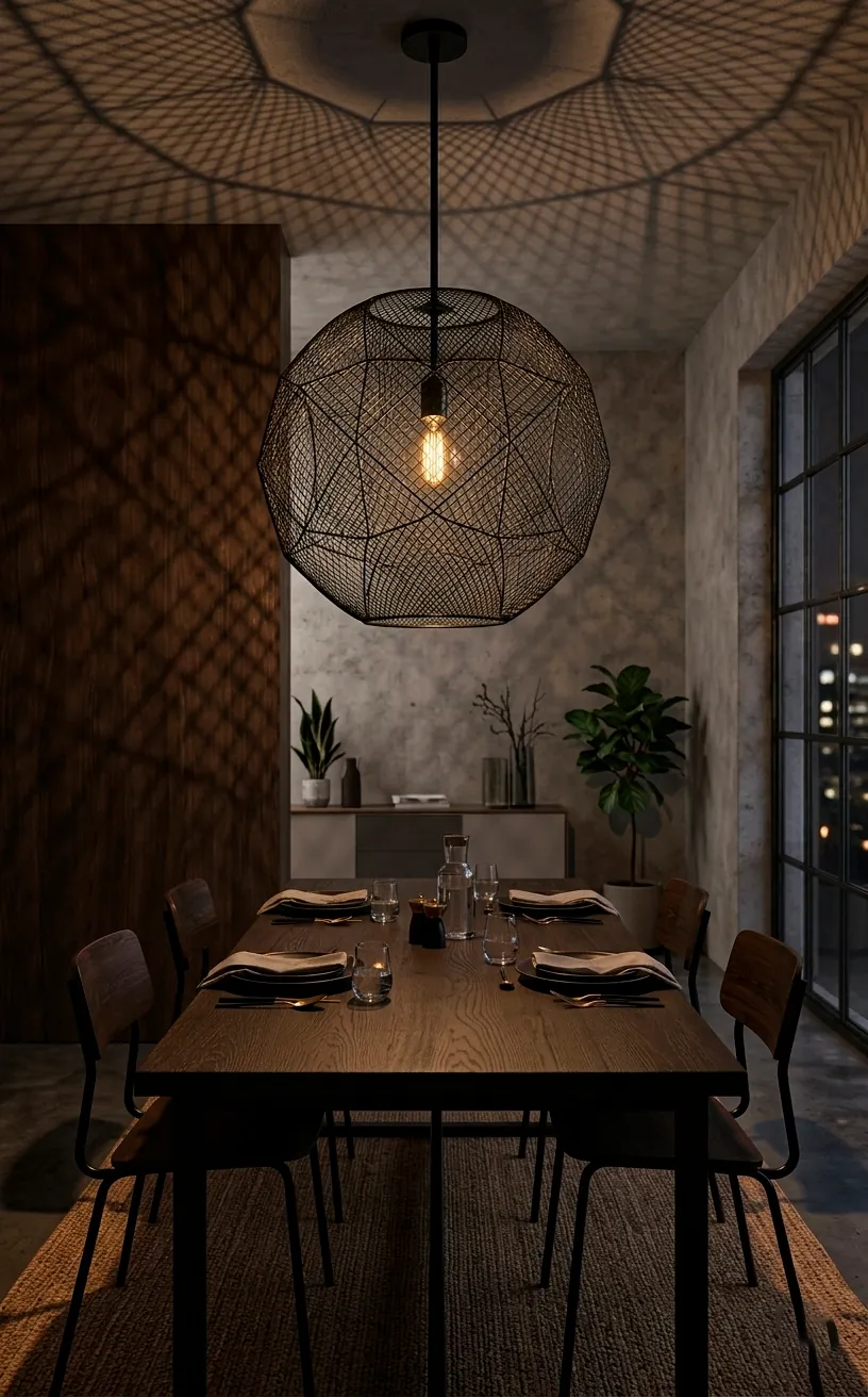 Sculptural black mesh metal pendant light casting shadows in a dining room.