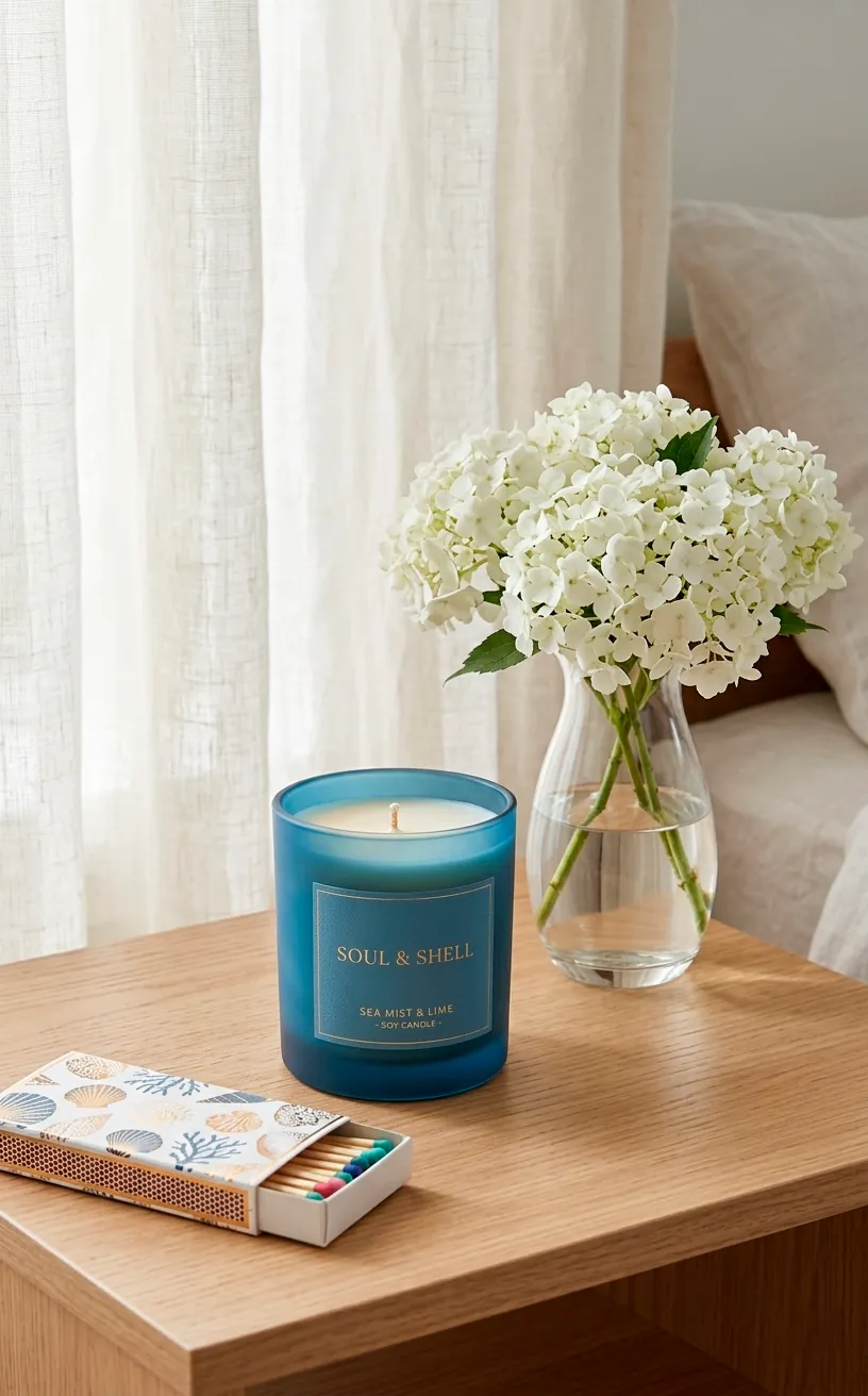 Scented soy candle and white hydrangeas on a coastal guest room nightstand.