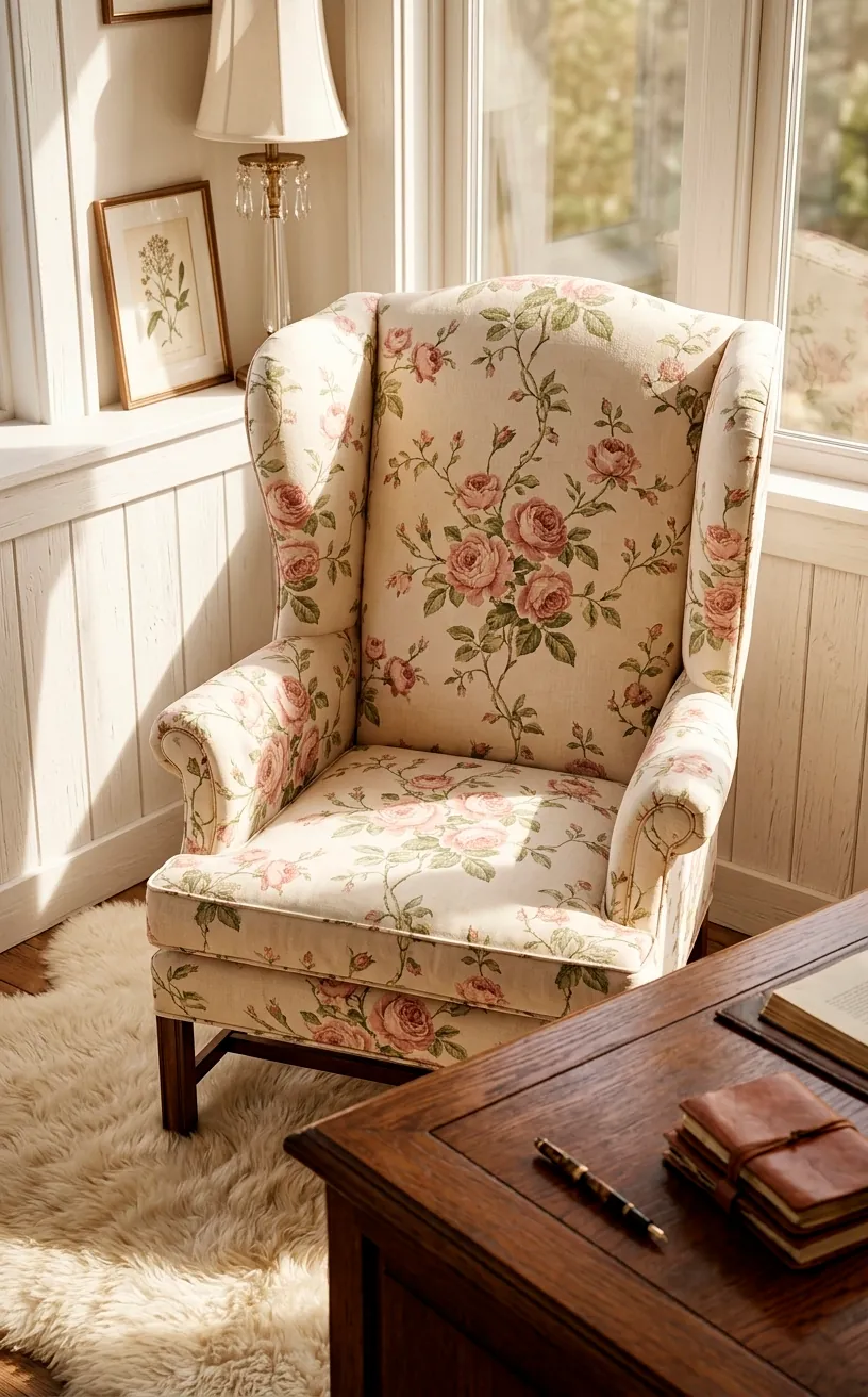 Floral wingback office chair with a white sheepskin rug in a sunlit room.