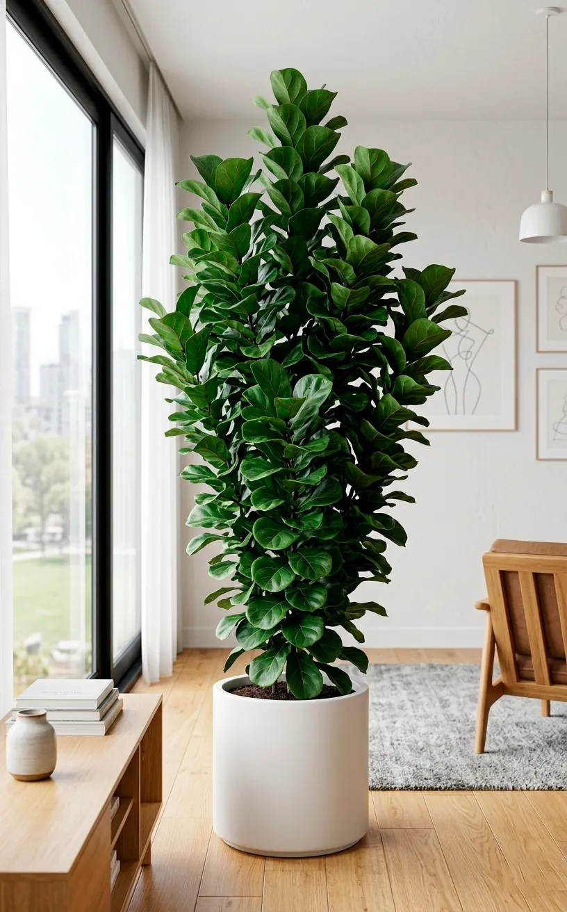 A tall and dense Bambino Fiddle Leaf Fig variety with small leaves in a white planter.