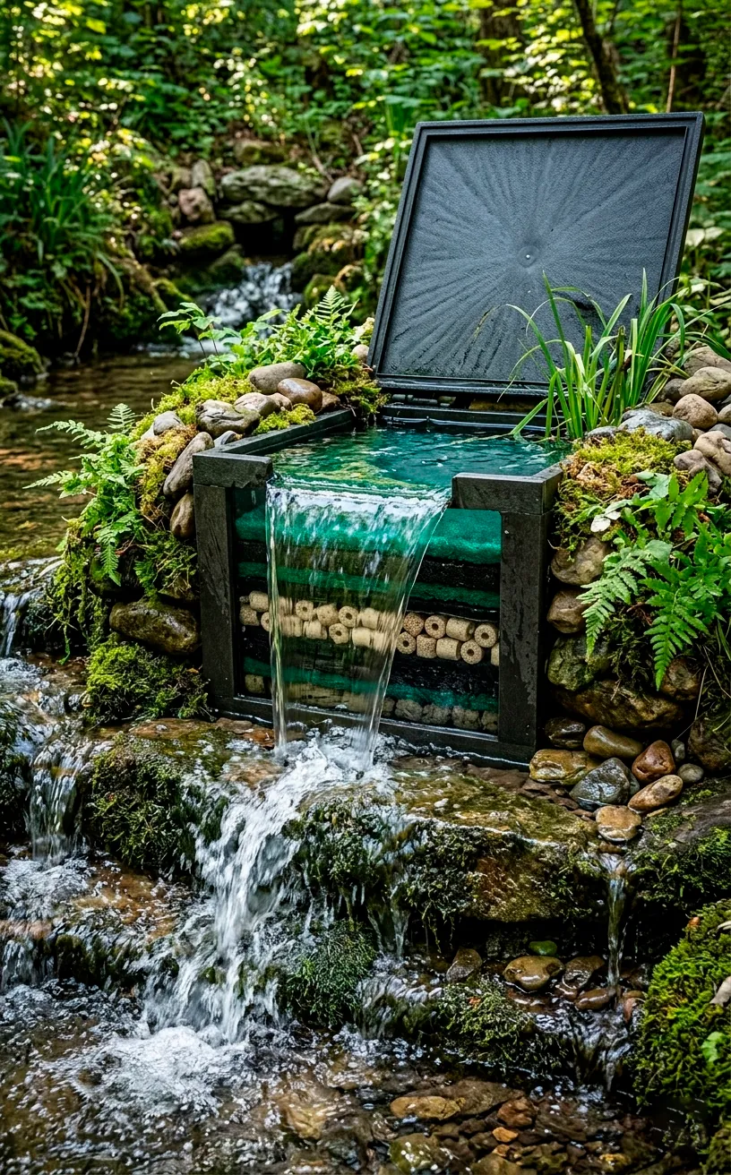 Interior view of a waterfall bio-filter box with filter media.