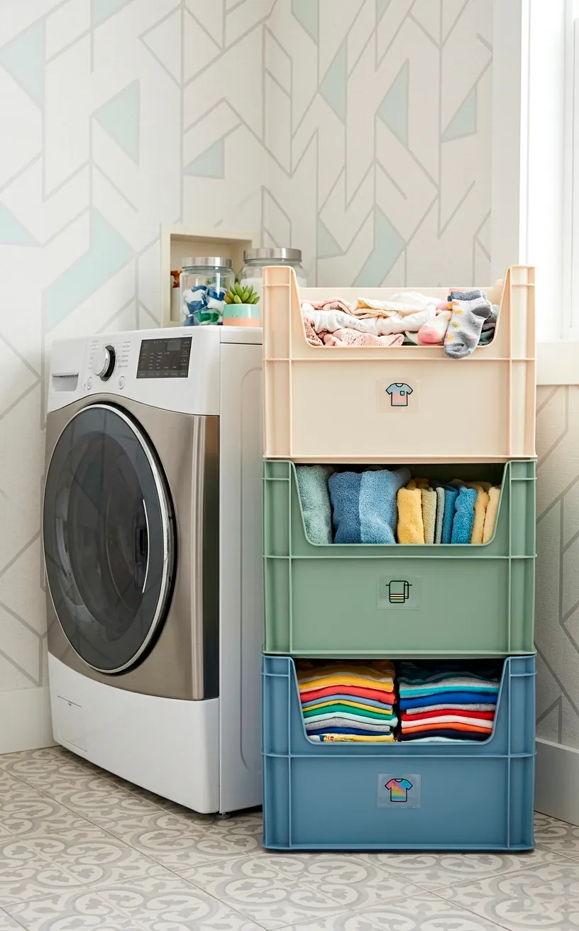 Stacked retro-style plastic crates in muted colors in a modern laundry room.
