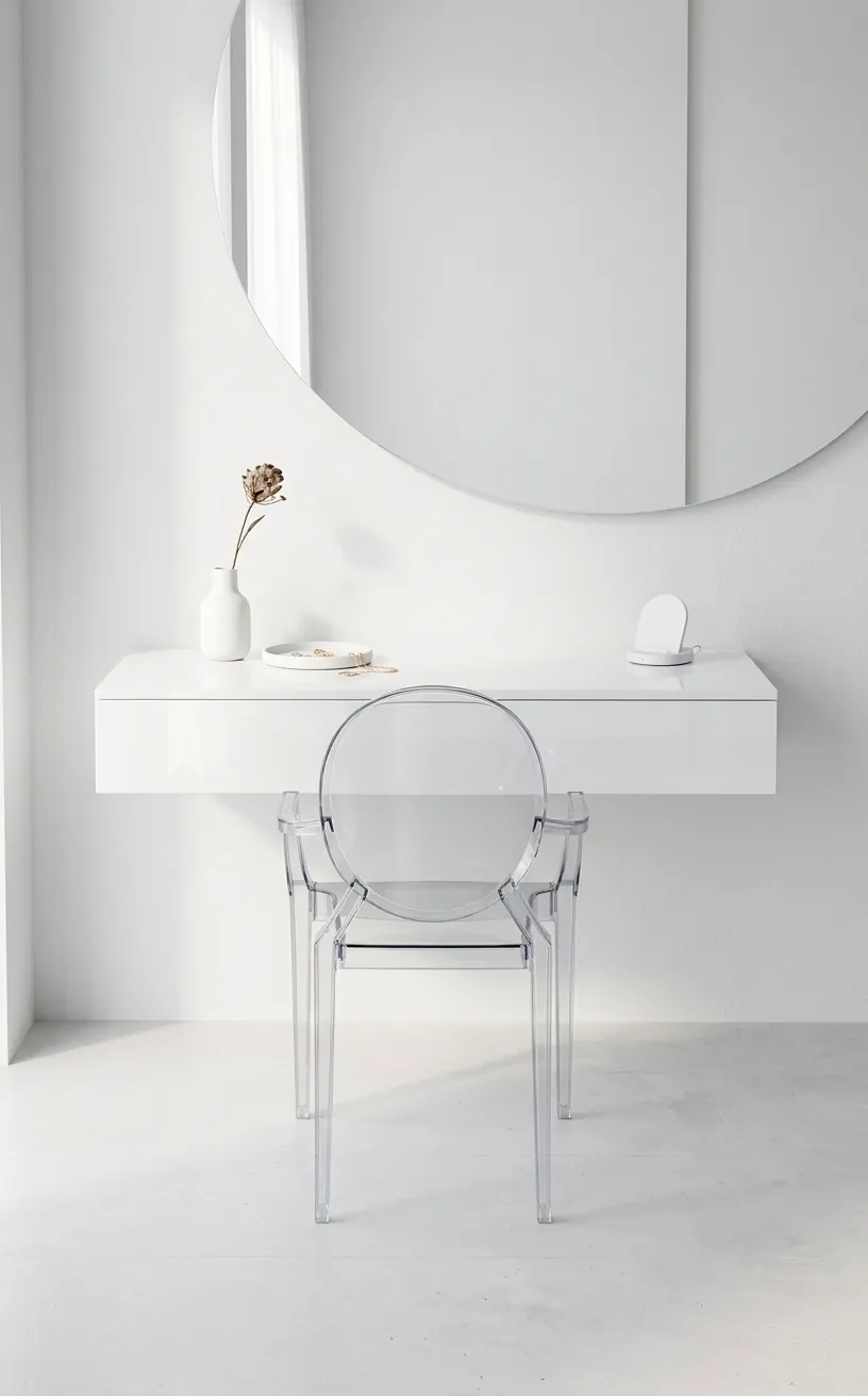 Wall-mounted floating white vanity desk with a clear ghost chair in a small space.