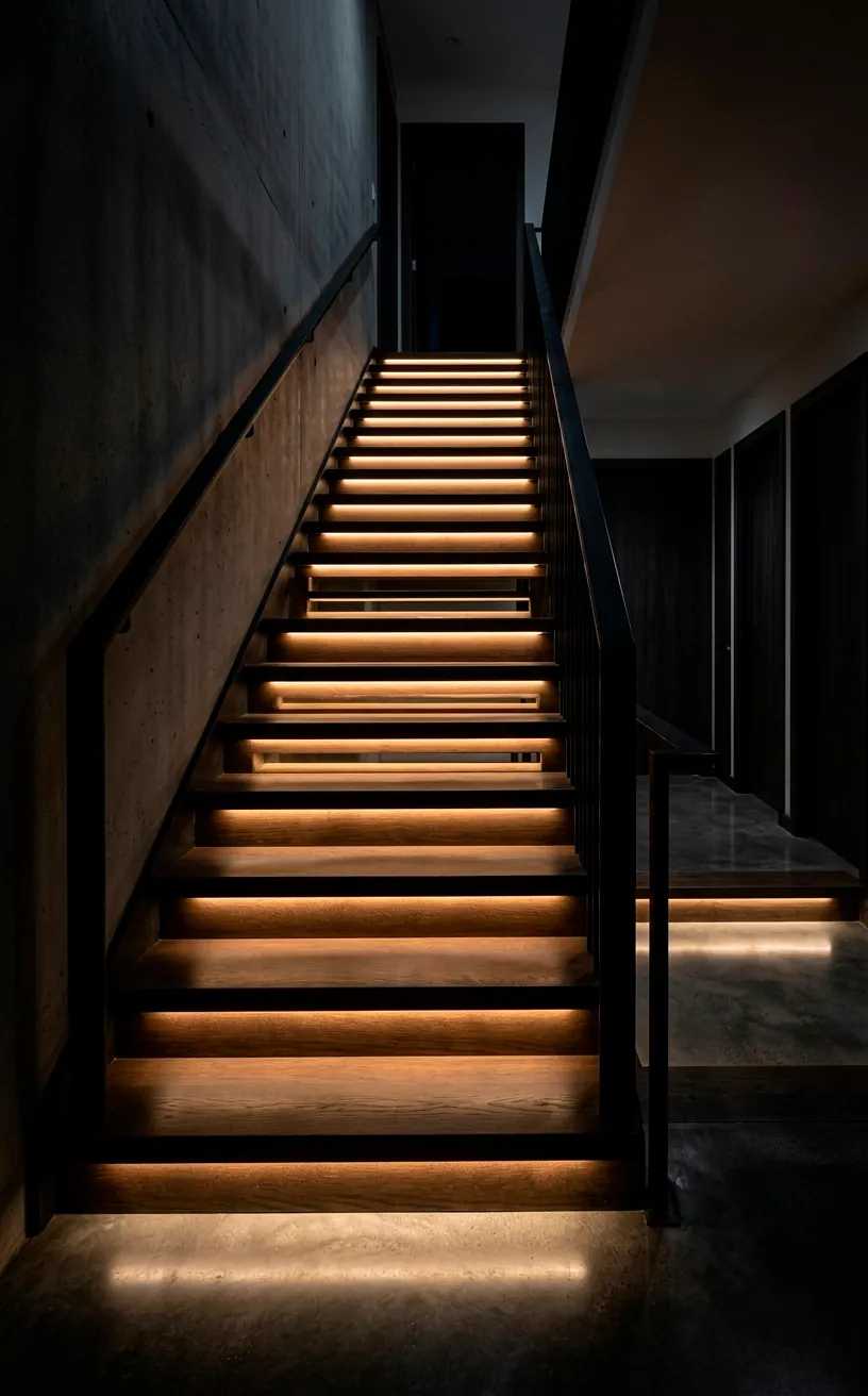Staircase with wood steps featuring integrated LED lighting and dark iron railings.