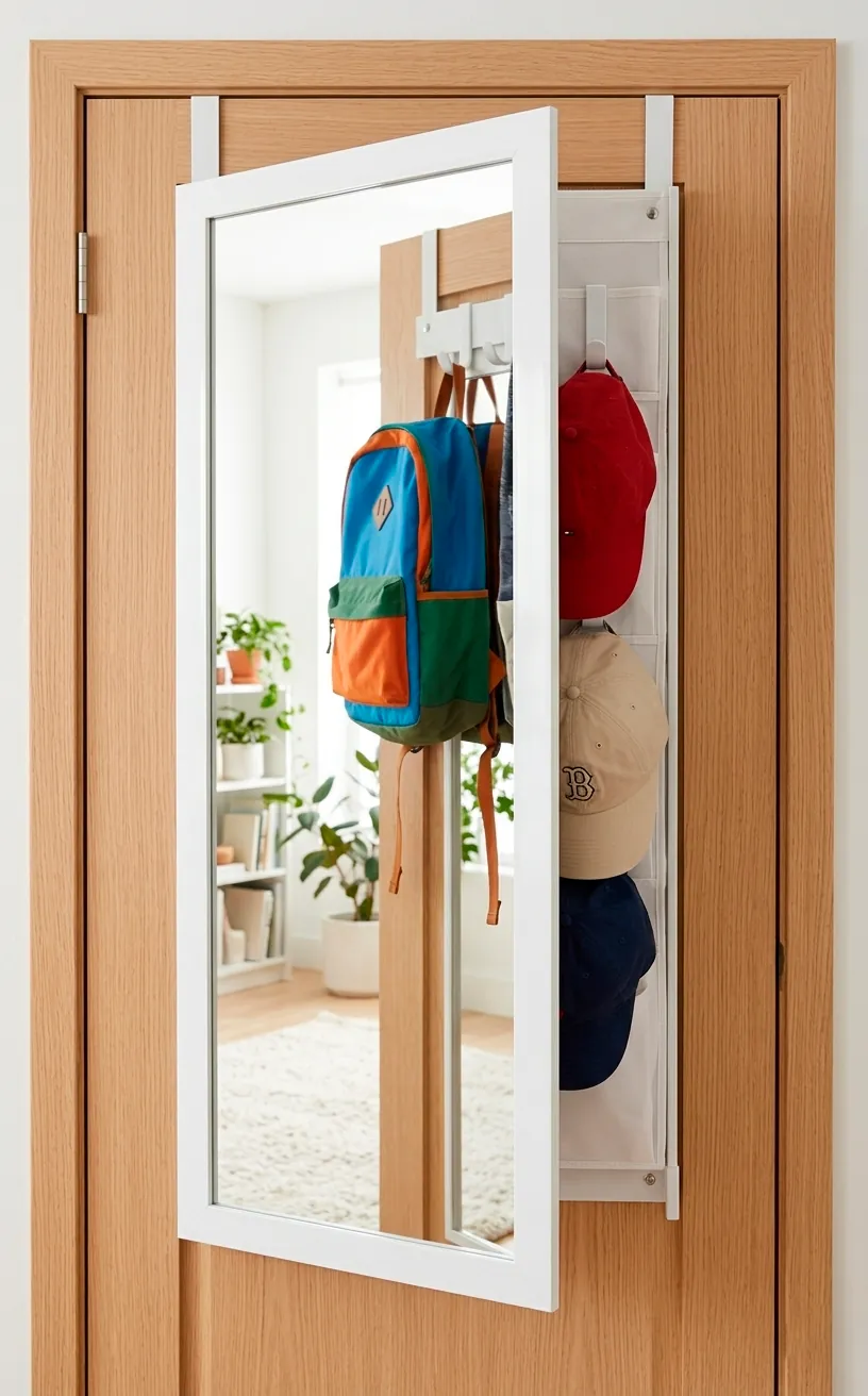 Over-the-door mirror with hidden storage hooks for bags and hats.