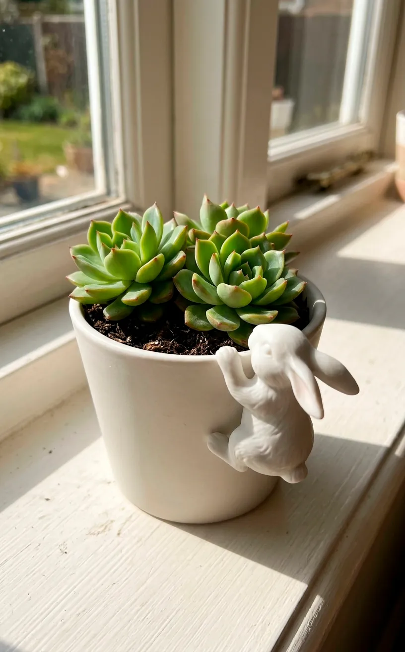 Small white porcelain bunny planter with a succulent on a windowsill.