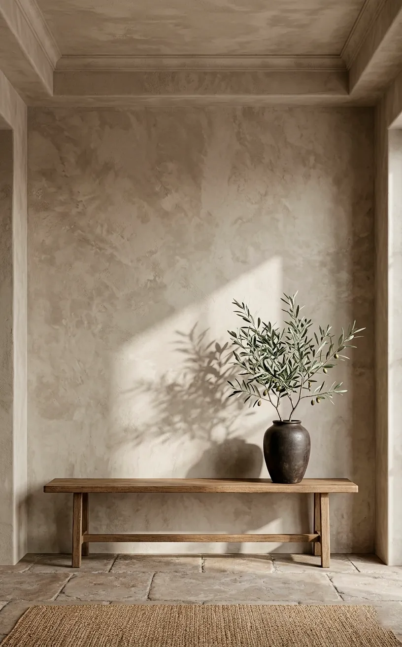 Textured lime-wash walls in a Mediterranean style living space.