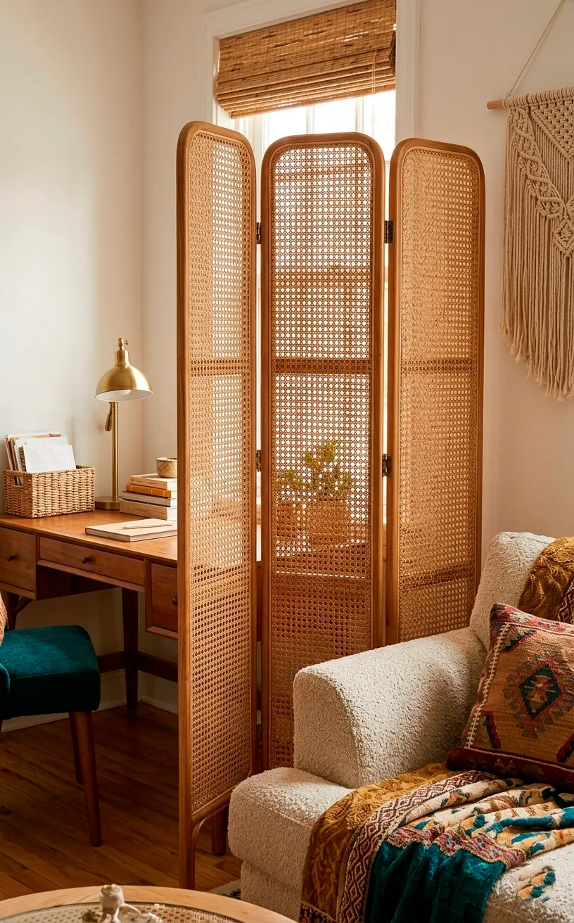 A woven rattan privacy screen used to divide a home office from a living space.