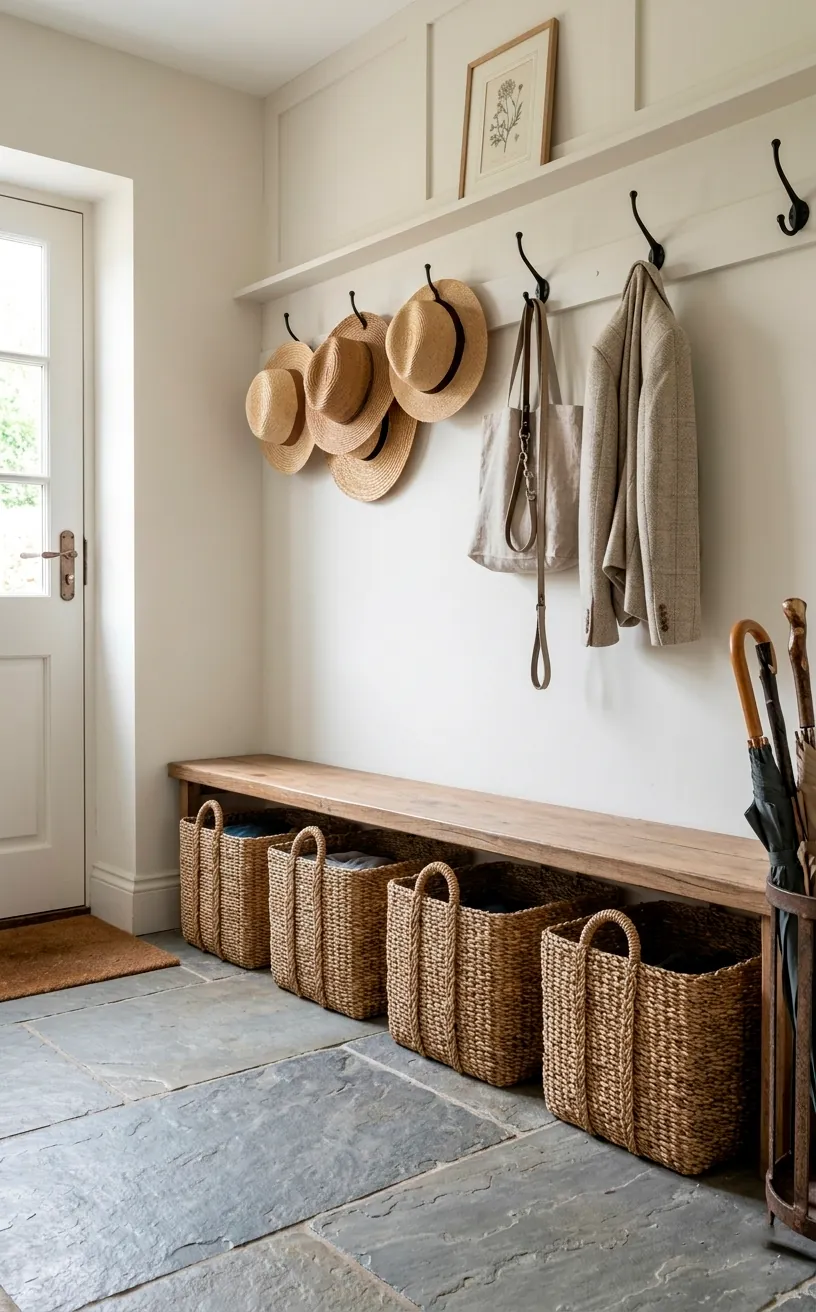 Farmhouse mudroom with seagrass storage baskets under a bench.
