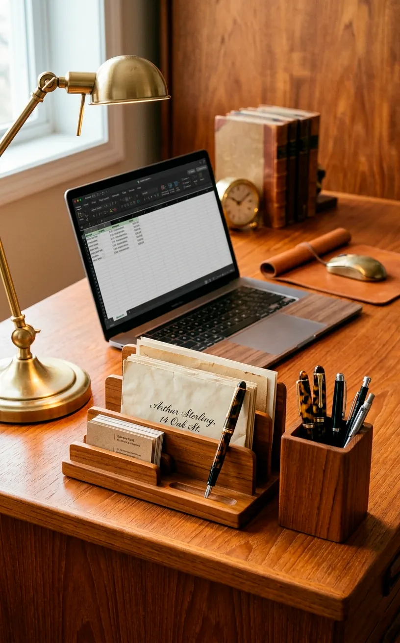Teak wood desk organizer and stationary holder on a modern workspace desk.