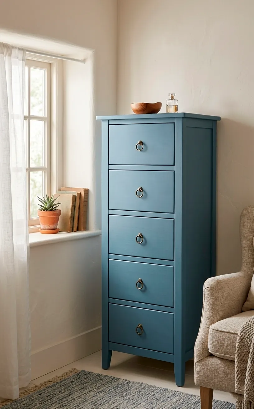 Tall narrow dusty blue chest of drawers in a small bedroom corner.