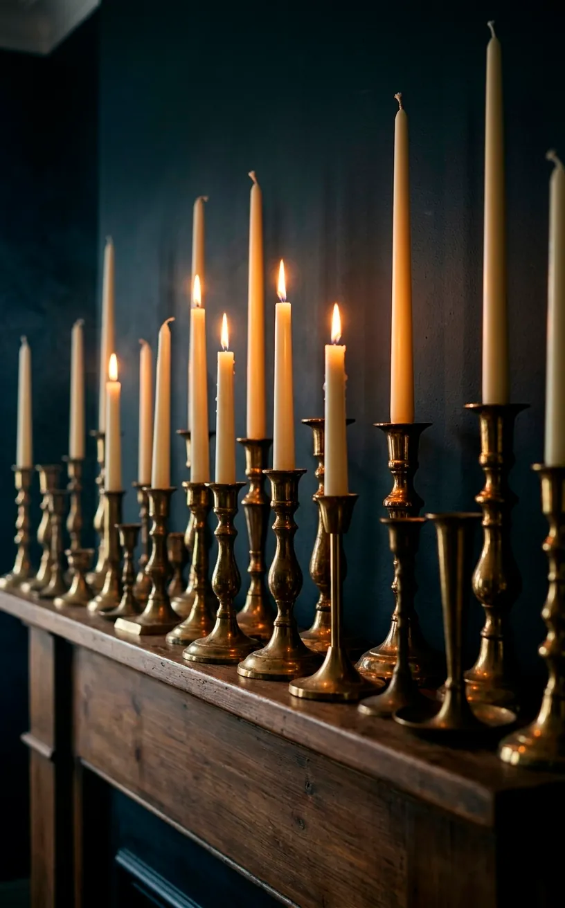 Numerous mismatched brass candlesticks with taper candles on a fireplace mantel.