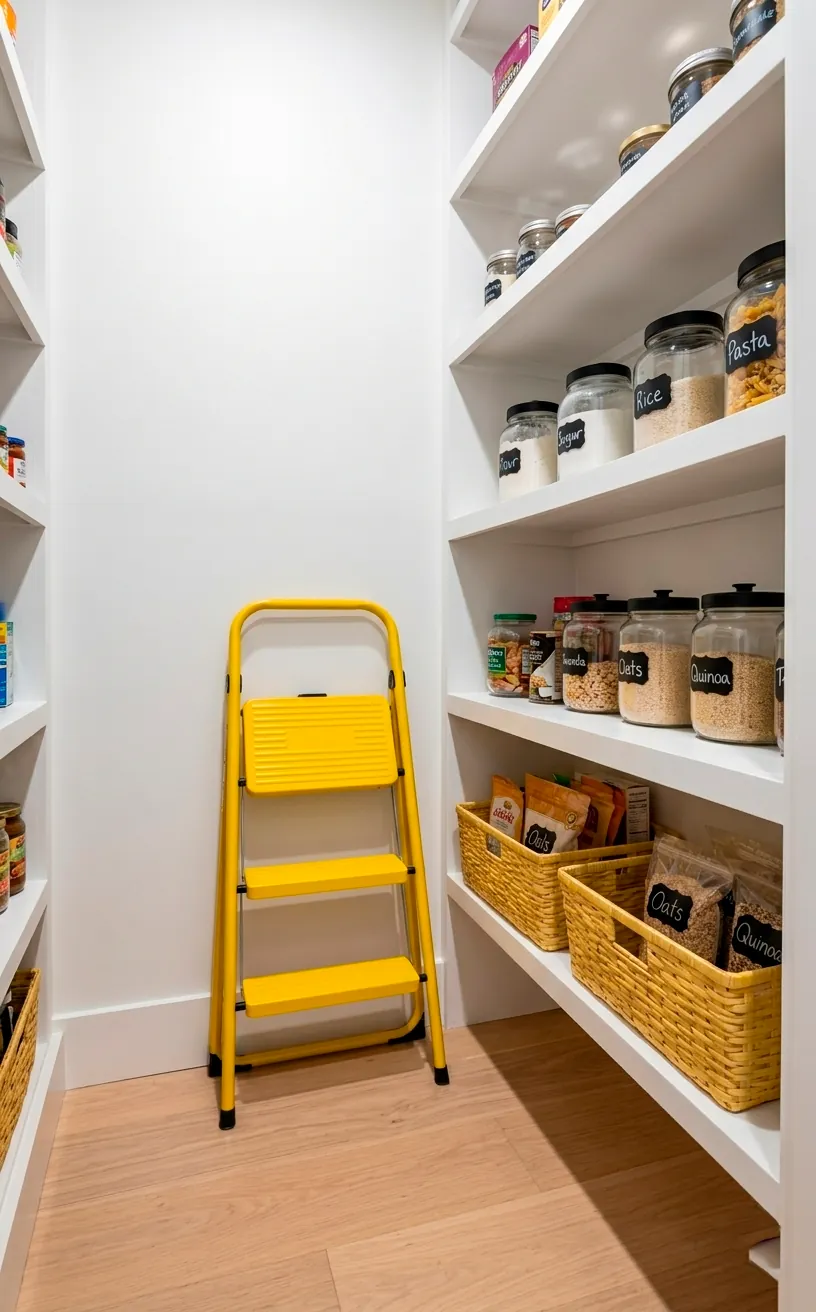 Bright yellow folding step stool inside a small pantry.