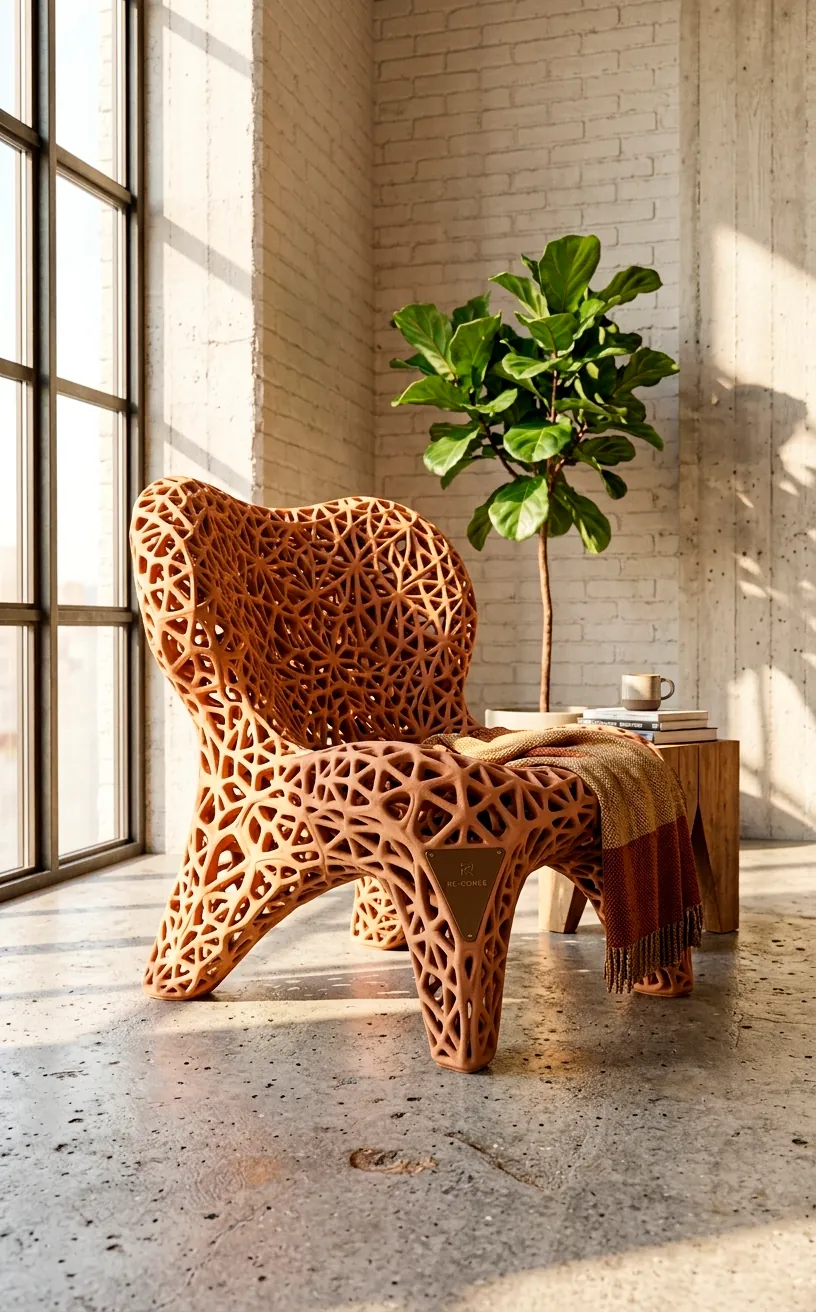 3D-printed sustainable accent chair with complex geometric patterns in a modern loft.
