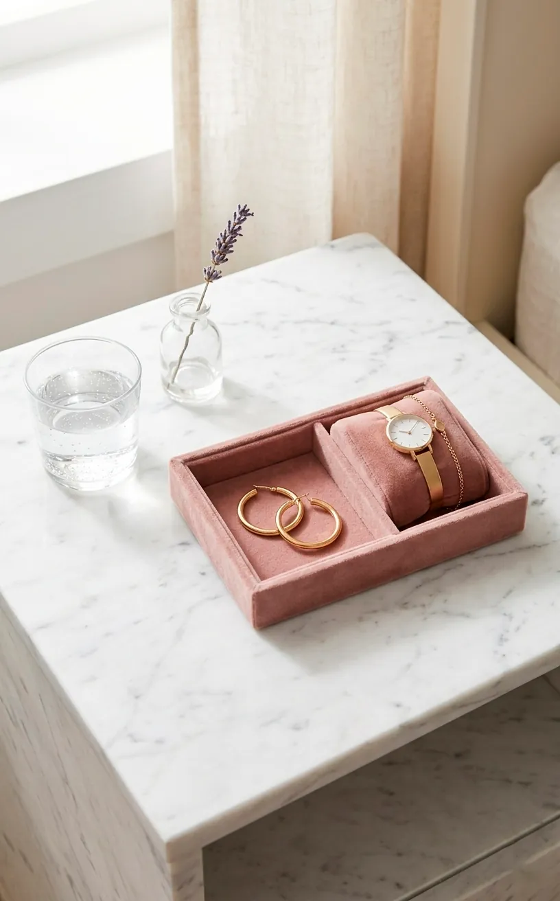 Dusty rose velvet jewelry tray on a marble nightstand with gold accessories.