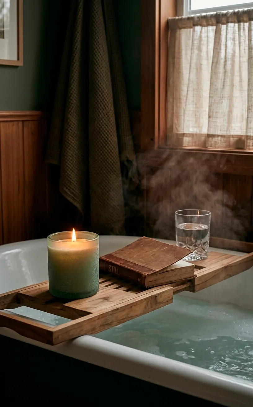 Lit candle in a sage green jar on a wooden bath caddy with steam in the background.