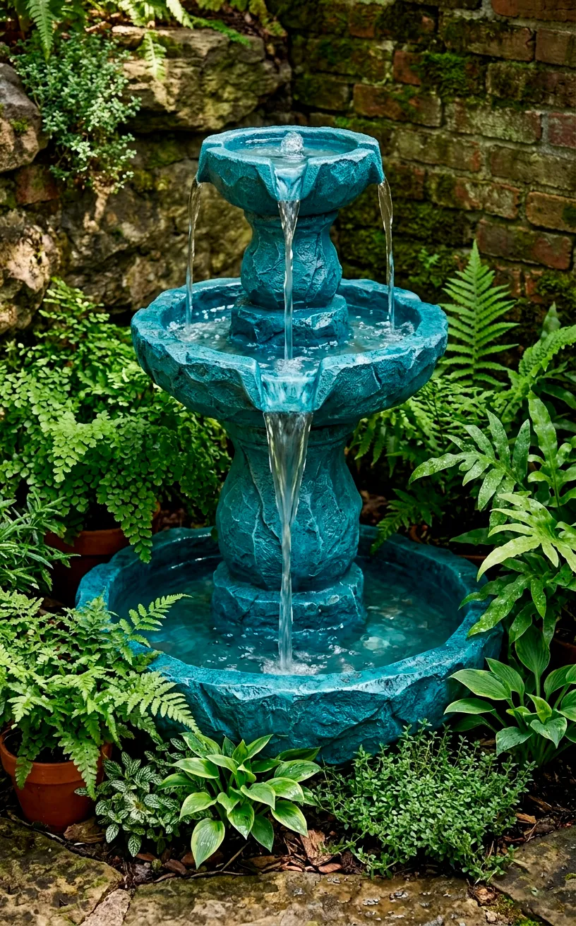 Tiered teal blue resin fountain with cascading water in a garden.