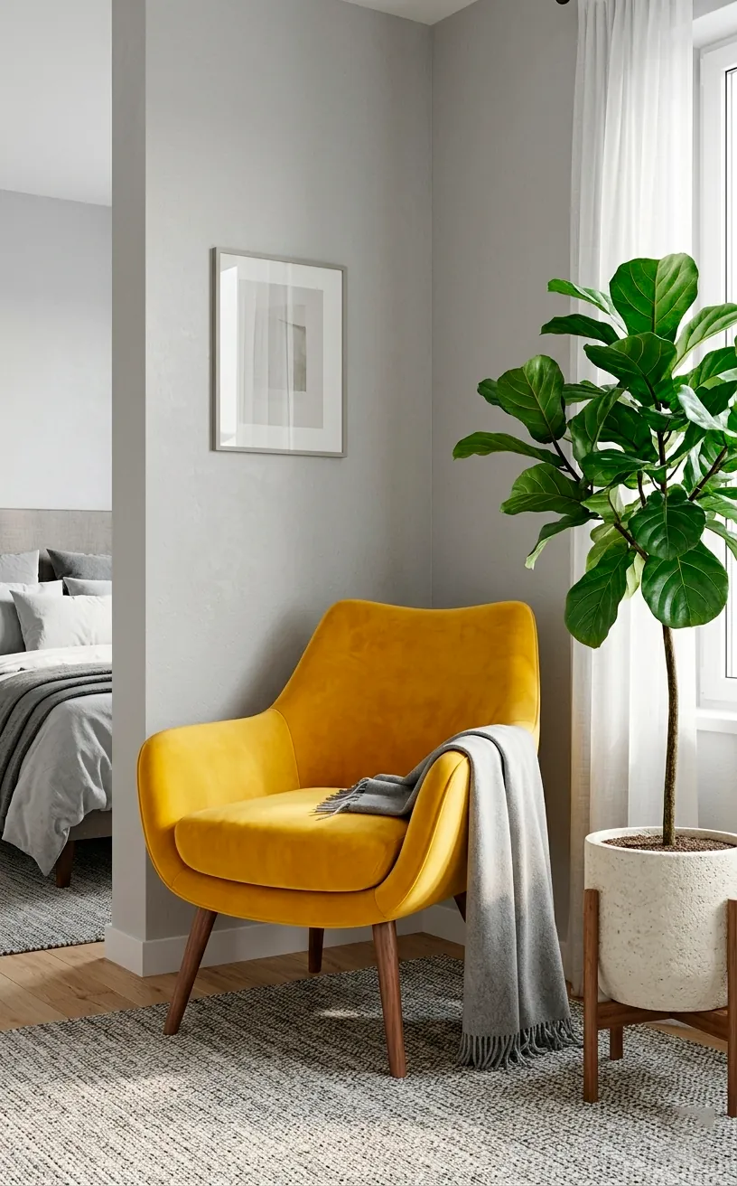Bright yellow mid-century modern accent chair with a grey throw blanket in a sunny corner.