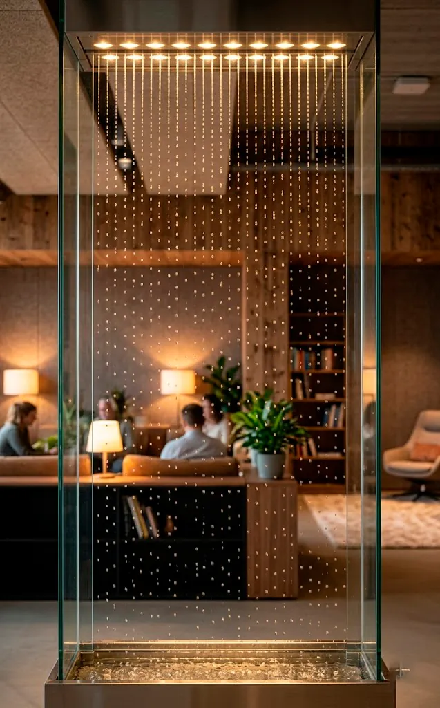 LED-lit glass rain curtain water feature with falling droplets in a cozy home office.