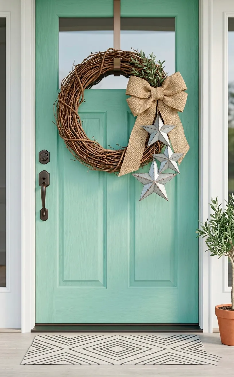 Asymmetrical grapevine wreath with metal stars and burlap bow on a green door.