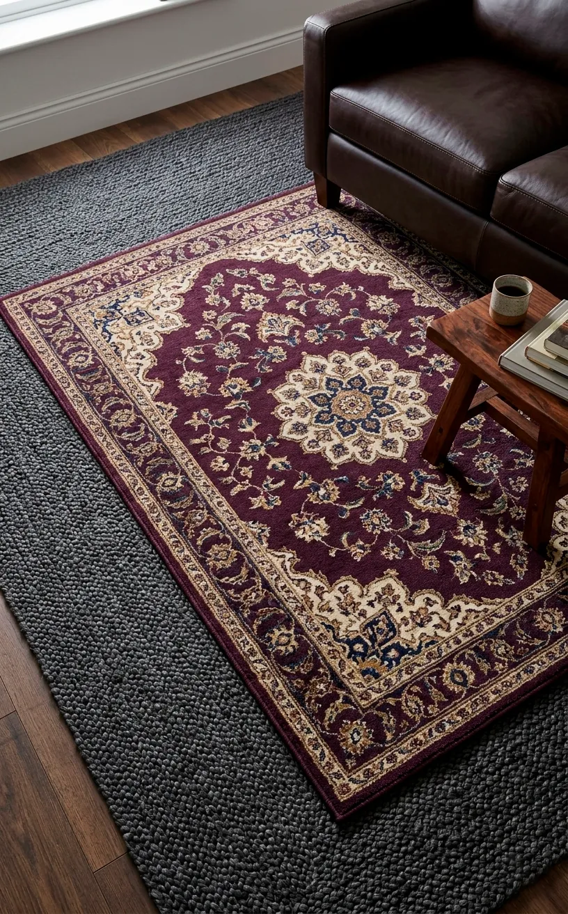 Layered rugs with charcoal jute base and plum patterned top rug.